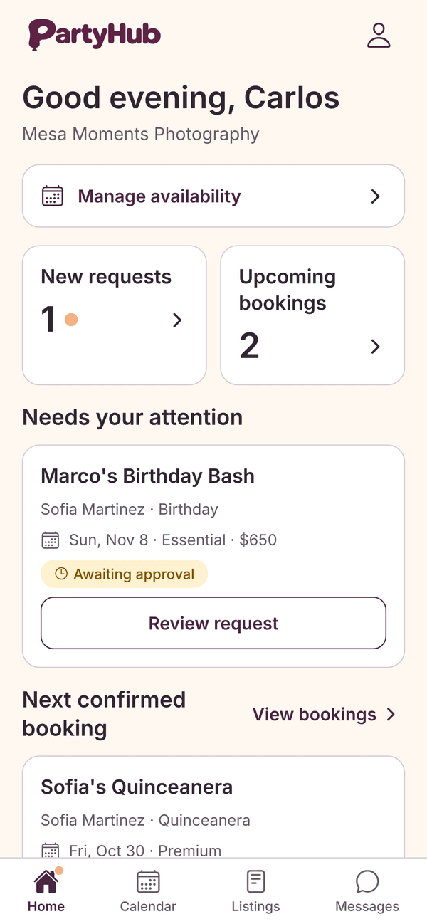 PartyHub vendor home screen showing a request awaiting approval and a confirmed booking, with sample data